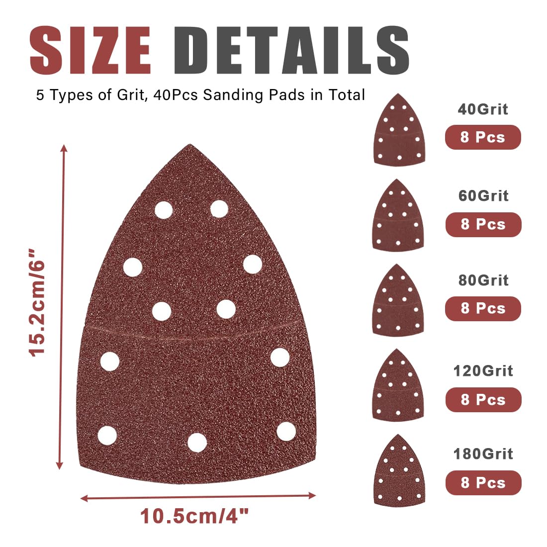 40 cuscinetti abrasivi, 5 tipi di grana, fogli abrasivi triangolari con gancio e anello, 5 fogli assortiti per levigatrice per mouse con grana 40/60/80/120/180, 11 fori
