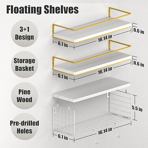 Miniatura 3 de WOCOPIA Estantes flotantes blancos con cesta de almacenamiento de papel higiénico y ganchos en S, organizador y almacenamiento de baño, estantes