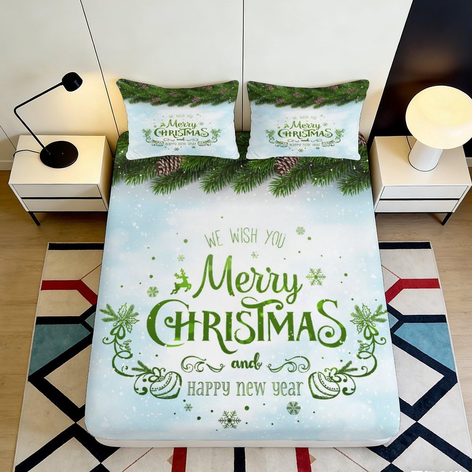3D Printed Merry Christmas Fitted Sheet Microfiber Soft Breathable Holiday Pine Mattress Cover for Bedroom Dormitory Guest Room Protection Decor 120x200x25cm