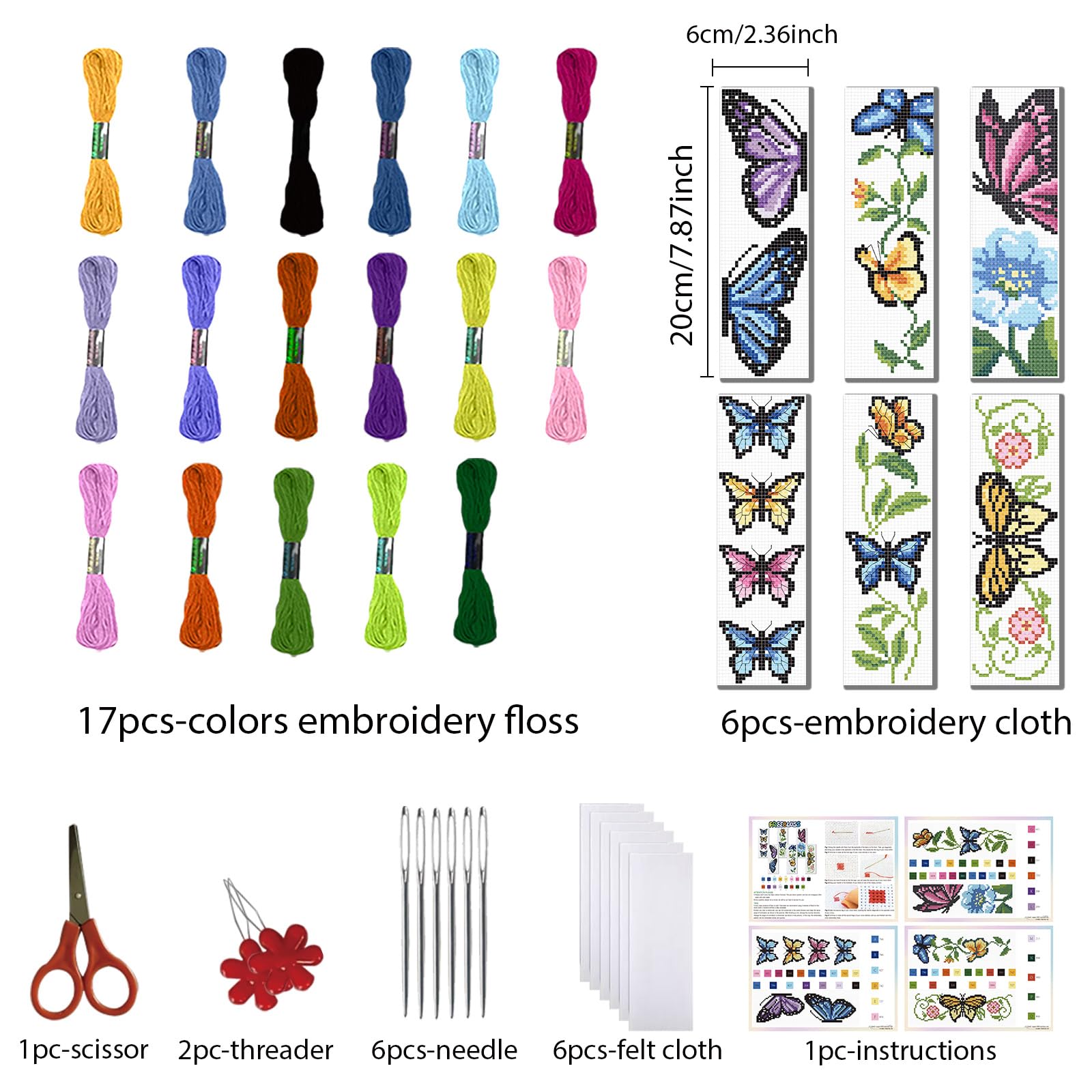 FREEBLOSS 6 Set Butterfly Cross Stitch Bookmark Kit Stamped Cross Stitch Kit Stamped Embroidery Bookmark with Instruction Cross Stitch Kits for Adults DIY Bookmark Kit 8.66''x3.14''