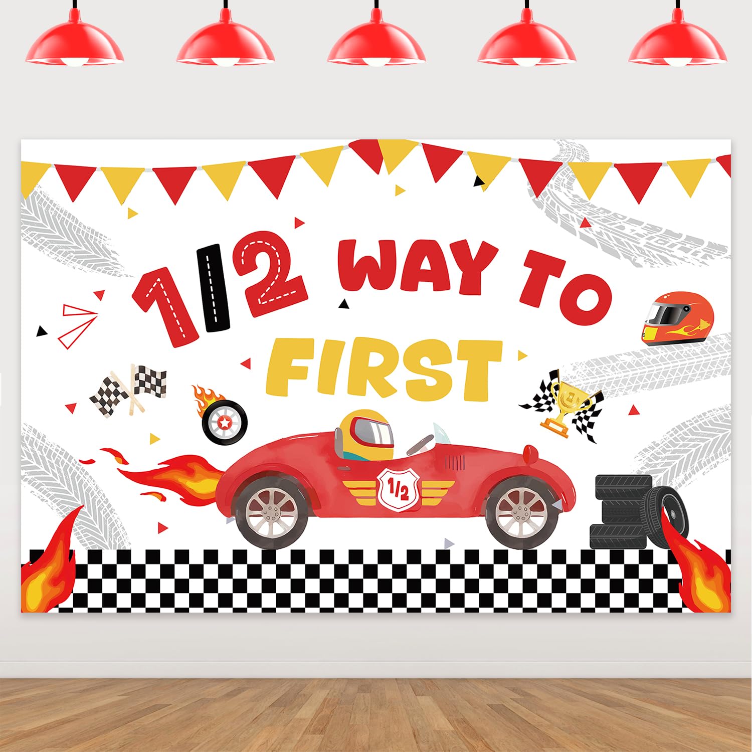 Racing Car Themed 1/2 Way to First Backdrop Vintage Car Themed Half Birthday Party Decorations Red Yellow Car Racing 1/2 Birthday Checkerboard