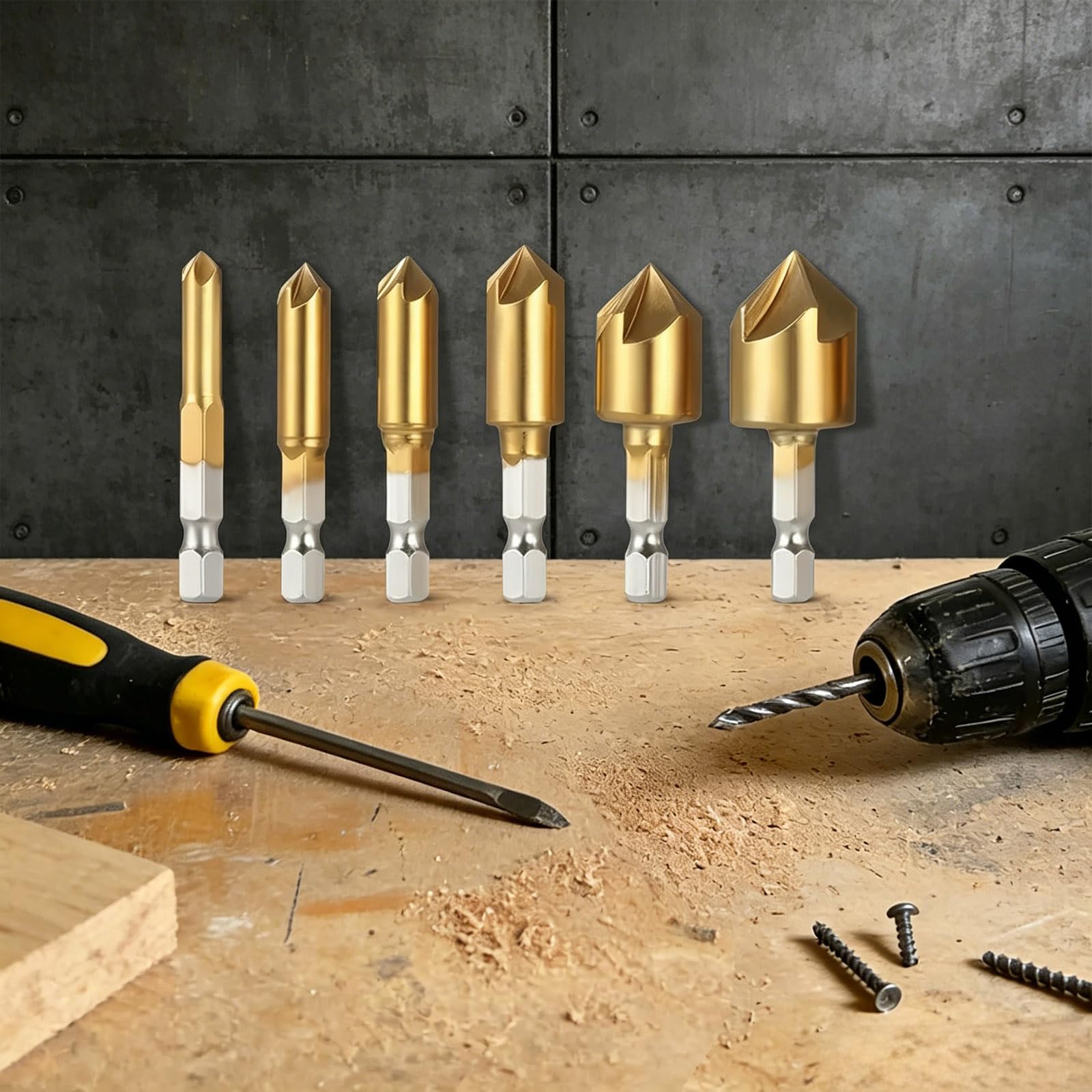 Set di 6 punte per trapano svasate, 90 gradi, rivestite in titanio, 5 scanalature, codolo esagonale, per legno e metalli morbidi, 1/4 a 3/4"
