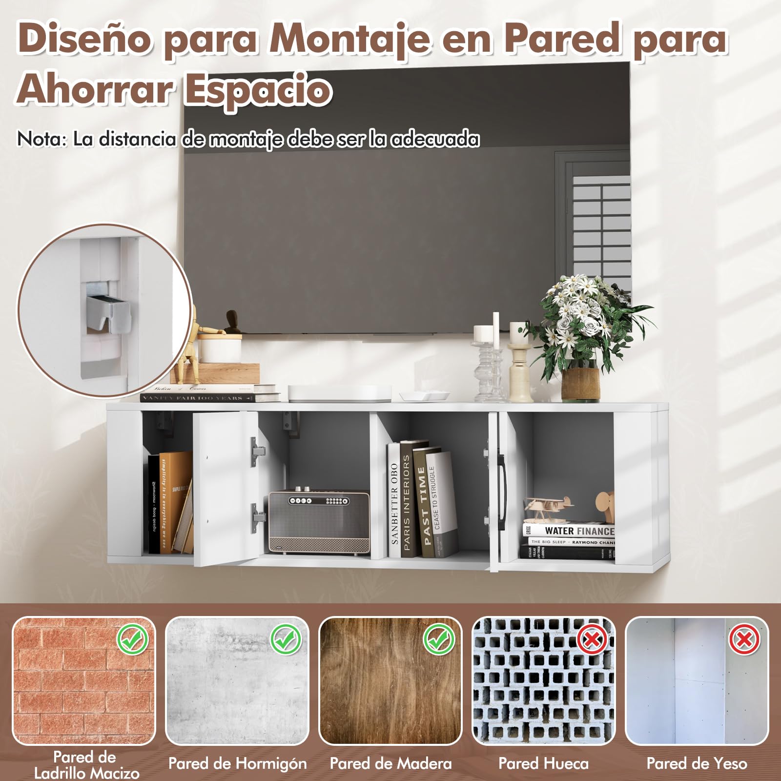 COSTWAY Mueble TV Suspendido, Armario de Pared Madera con 2 Puertas y 2 Estantes de Almacenaje, Mueble de Salón para TV Flotante, 108 x 33 x 30,5 cm, para Sala de Estar, Estudio, Oficina (Blanco)