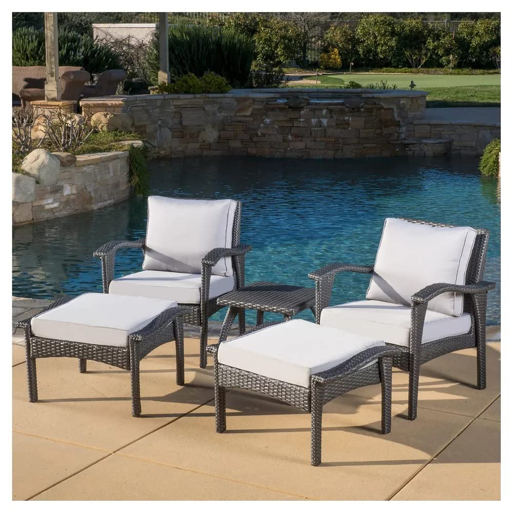 LOCCUS 5 Piece Patio Furniture Set,Outdoor Wicker Conversation Set, Porch Chairs,Ottomans with Coffee Table, Modern Rattan Bistro Set for Balcony, Garden (Dark Brown and Light Grey)-image-30