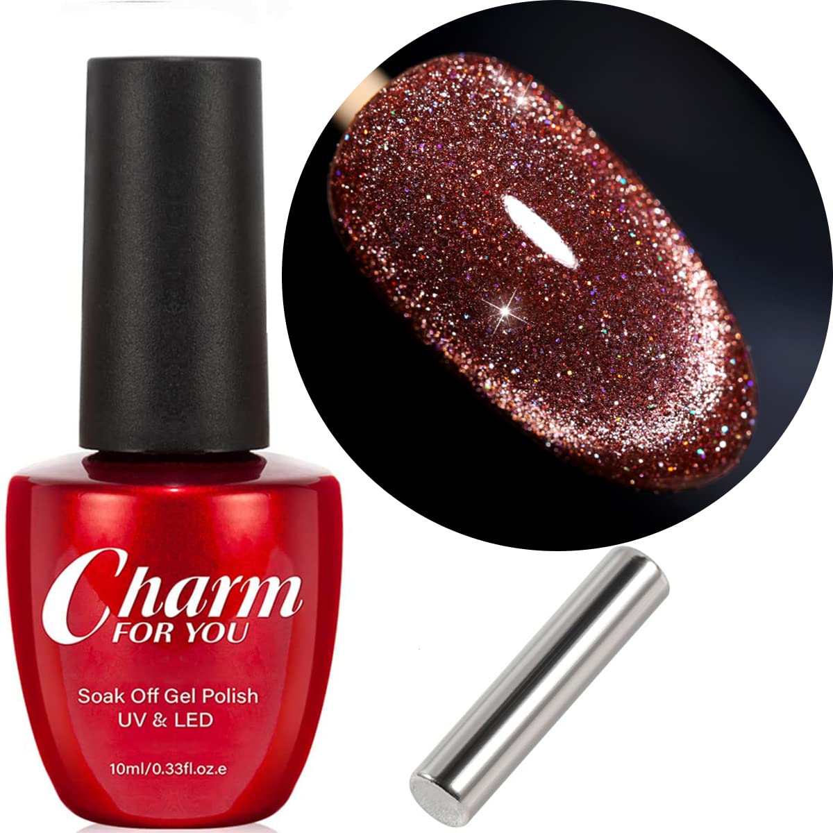 VERONNI Red Magnetic Gel Nail Polish Reflective Diamond Cat Eye Gel Polish Glitter Cateye UV Gel Soak Off Nail Polish Art Manicure kit with Magnet (E-