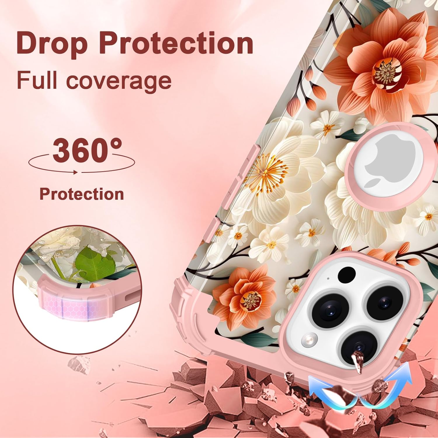 PIXIU Unique Flower Pattern Compatible with iPhone 16 Pro Max 6.9 inch case, Heavy Duty Dual Layer Shockproof Full-Body Protective Sturdy Hybrid Cute Rugged Case for Women,Girls,Kids-White/Orange - Image 5