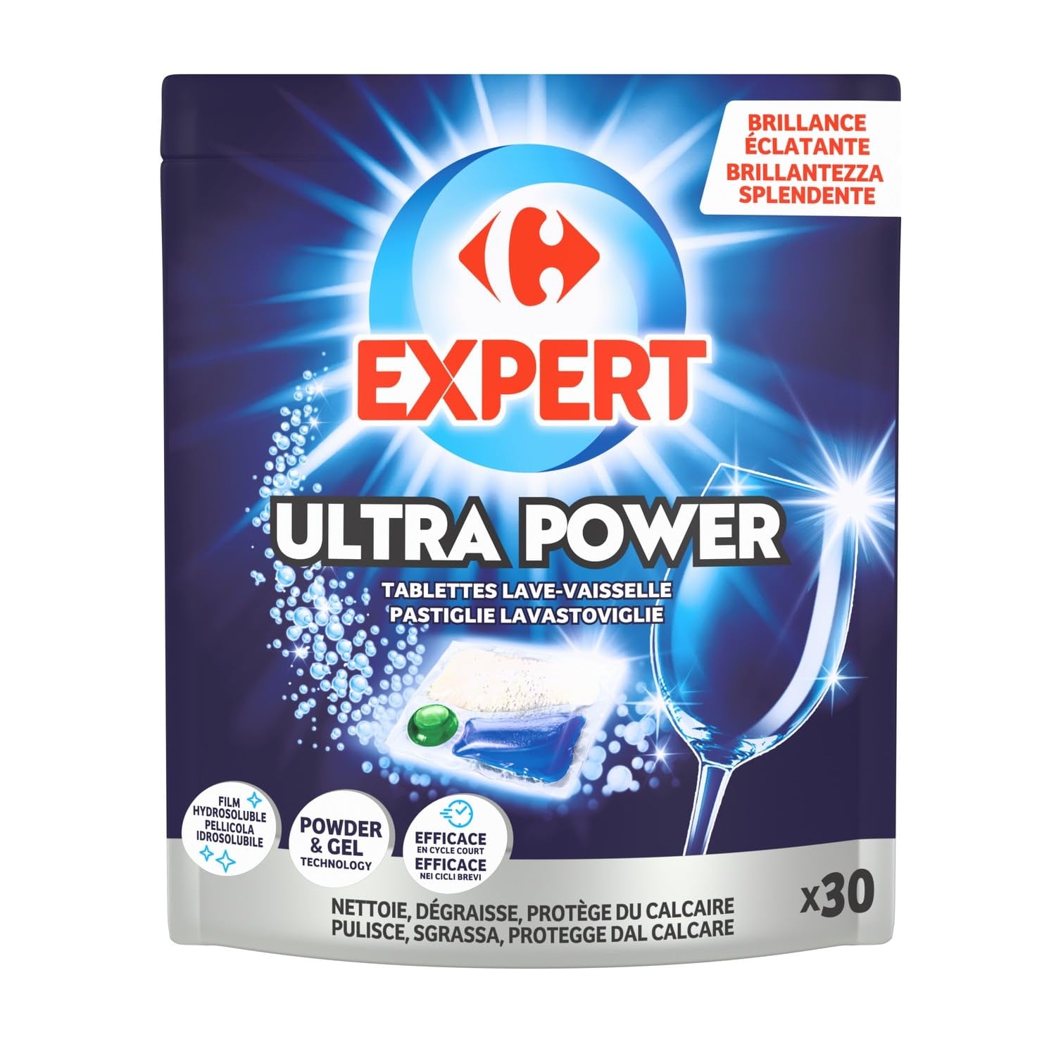 Vaisselle éclatante sans prérinçage grâce aux tablettes CARREFOUR EXPERT Ultra Power Tout en 1, format x30 (0.375 kg), pouch refermable - Lot de 3