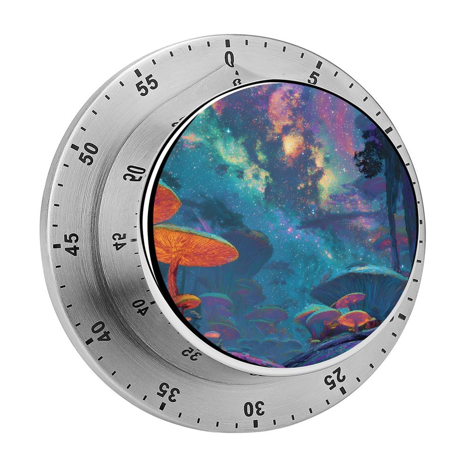 Psychedelic Mushroom Auroras Mechanical Timer with Alarm for Kitchen Cooking Productivity Stainless Steel Timers