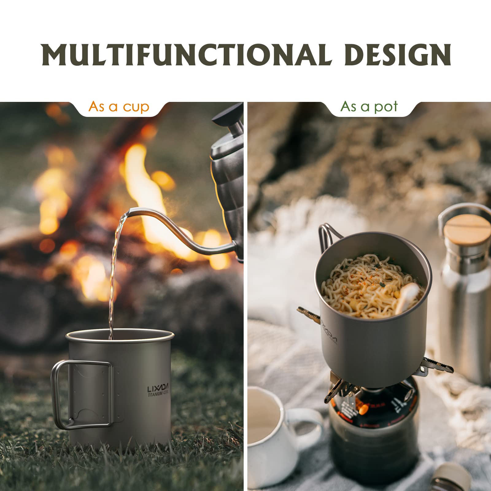 Lixada Bouilloire de Cuisine Portable en Acier Inoxydable de 1 L avec poignée Pliable Multifonction pour Camping, randonnée, Pique-Nique, randonnée