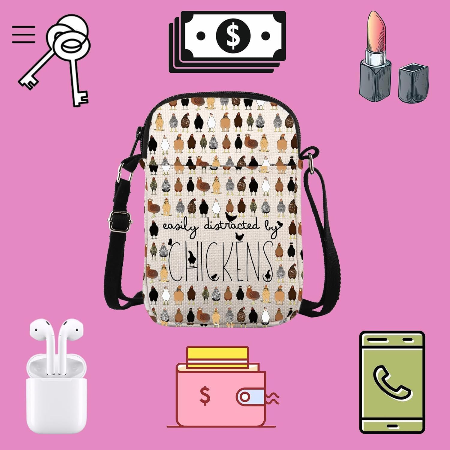 TSOTMO Chicken Farmer Gift Easily Distracted By Chickens Crossbody Bag Funny Chicken Gift Chicken Breeds Farm Life Gift - Image 4