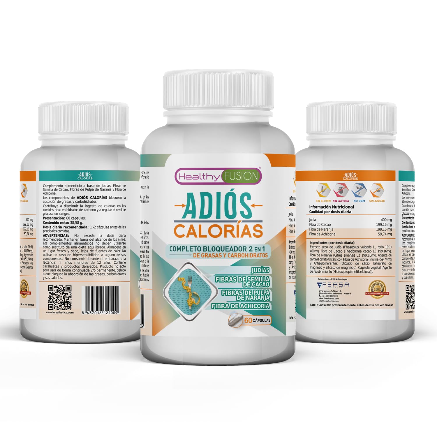 Adiós Calorías Healthy Fusion | Bloqueador de carbohidratos y grasas | Potente Adelgazante + Quemagrasas | Supresor y saciante del apetito | Elimina las dietas restrictivas | Formula natural | 60 Caps