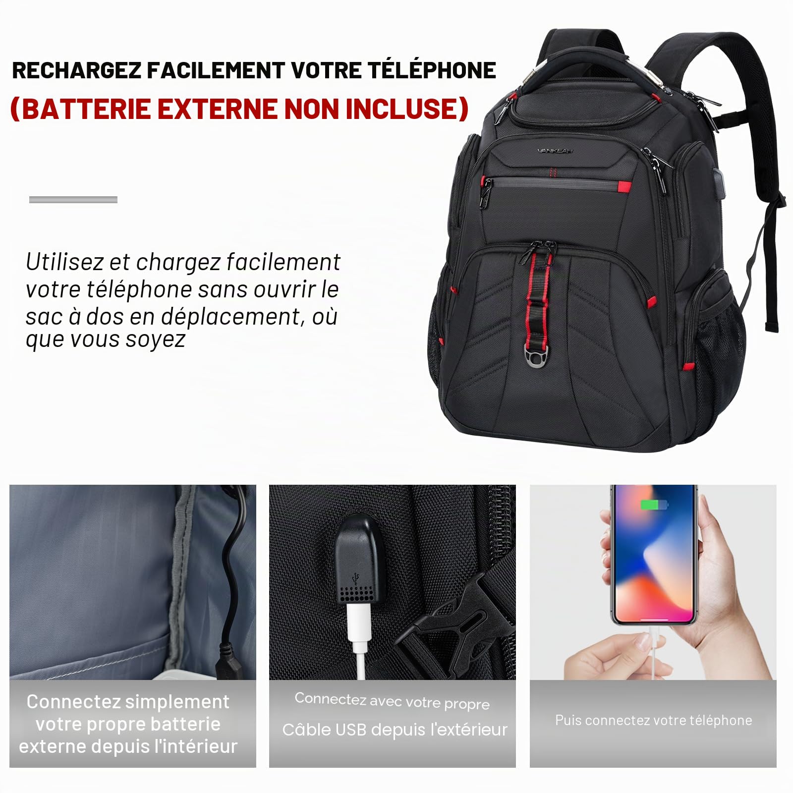 VANKEAN Sac à dos de Voyage pour Ordinateur Portable 17,3" Compatible TSA | résistant à l'eau, antivol XL avec poches RFID, sac à dos universitaire avec port USB pour homme et femme, sac de travail