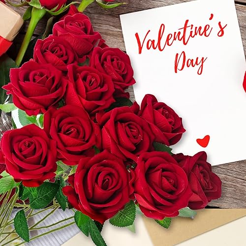 Miniatura 4 de 12 rosas artificiales de terciopelo con tallos largos, rosas falsas de tacto real para San Valentín, ramo de boda, fiesta, mesa, centro de mesa,