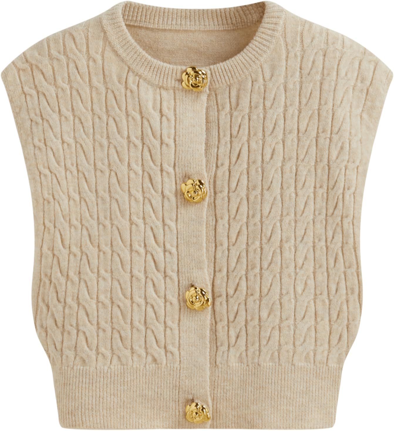 CIDER Sleeveless Knit Cardigan Sweater Women Crew Neck Casual Rose Button Cable Knit Vest