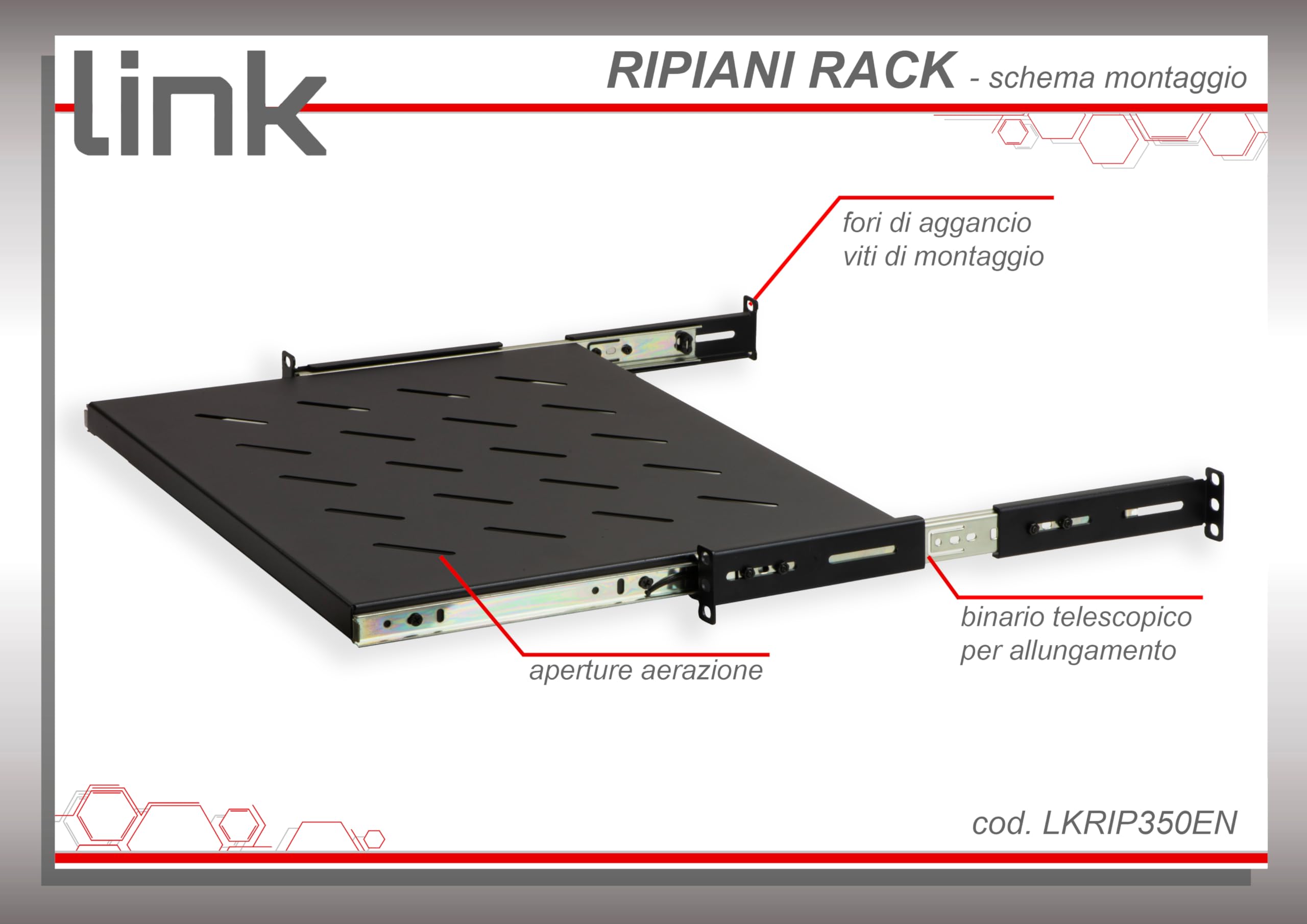 Link LKRIP350EN - Mensola Estraibile per Armadio Rack 19 Pollici Universale (48x35x4,5 cm, Nero RAL9005) – Acciaio Traforato per Ventilazione – Portata 40 kg e Kit Montaggio Incluso