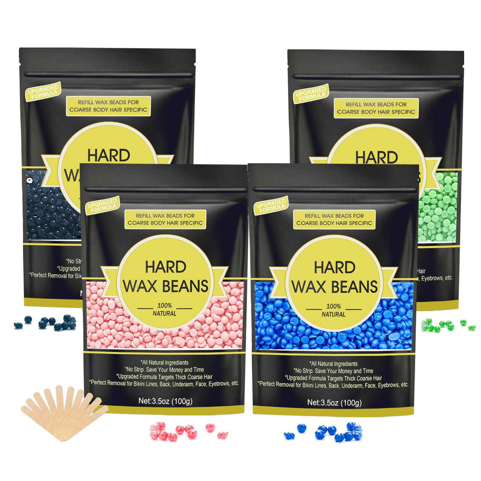 400g Wax Beads, 4 Scents Hard Wax Beads for Coarse Hair Removal, Waxing Beans with for Face, Eyebrow, Bikini Brazilian for Women Men with 10 Applicators