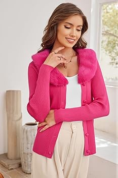 Pink rib faux fur trim knit cardigan Clearance
