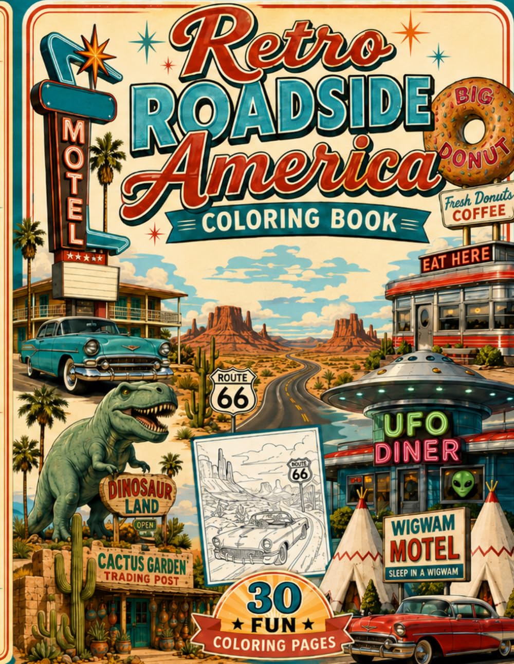 Retro Roadside America Coloring Book: Vintage Motels, Neon Signs, Diners, Desert Attractions & Road Trip Landmarks (Retro Roadside America Edition)