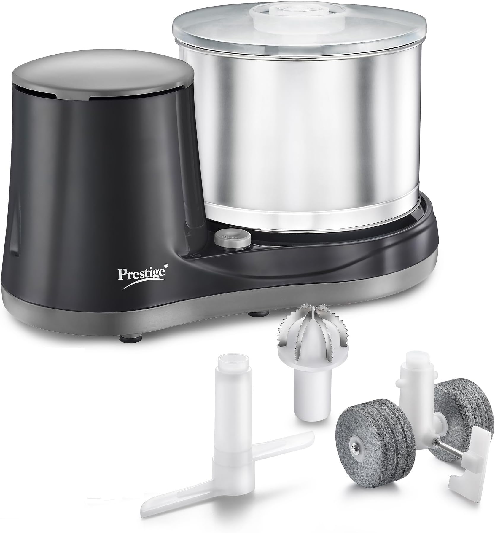 Prestige Ultima Pro 2 litre Table Top Wet Grinder |200 Watts Heavy Duty Motor|Coconut Scraper Attachment|Atta Kneader Attachment|Stainless Steel Drum|2 Years Warranty|Silver & Black