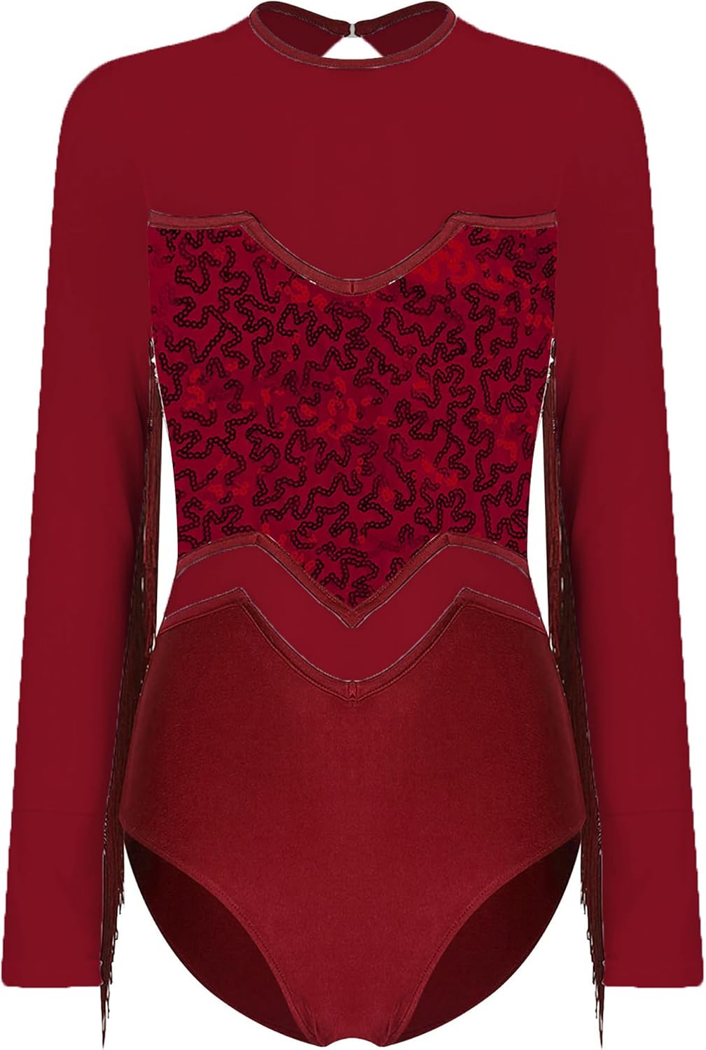 Linjinx Women's Sequins Latin Dance Bodysuit Tassel Long Sleeve Sheer Mesh Gymnastic Leotard Performance Costume