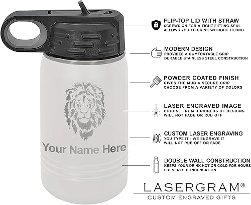 Vista 27 de LaserGram Botella de agua personalizada, palitos de lacrosse, acero inoxidable de doble pared aislada al vacío con popote superior, regalo grabado
