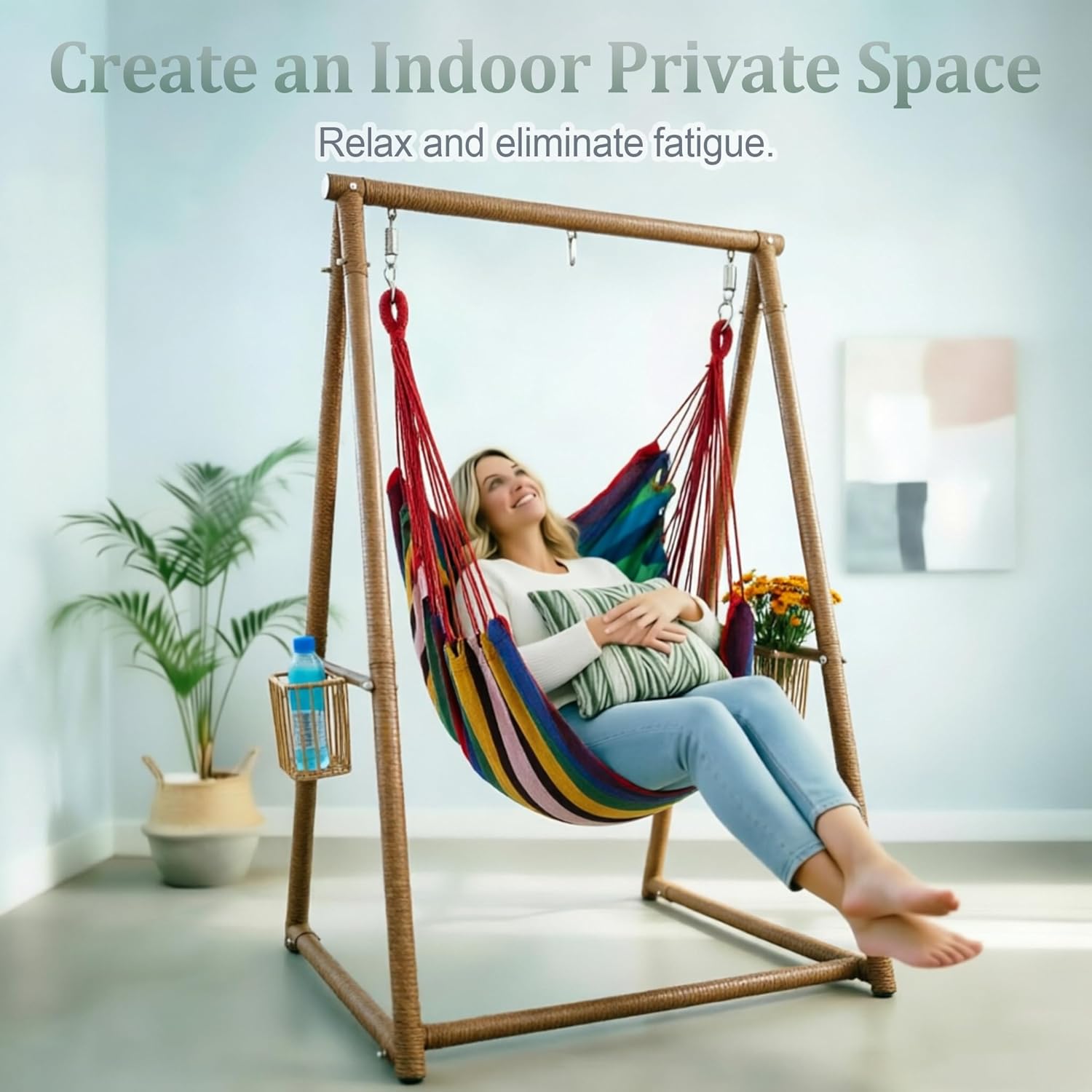 YOXIFOC Reinforced Base & Triangular Structure Hammock Stand with 2 Storage Baskets, Swing Stand with 3 Hooks Fit for Most Hanging Chair for Oudoor&Indoor (Stand Only) (Coffee)