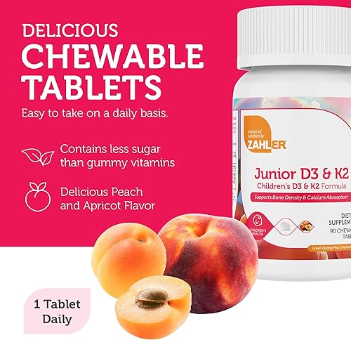 Miniatura 5 de Zahler Junior D3 K2, vitamina D masticable con K2 para niños, vitamina D3 2000 UI y K2 para niños, Kosher, 90 tabletas masticables