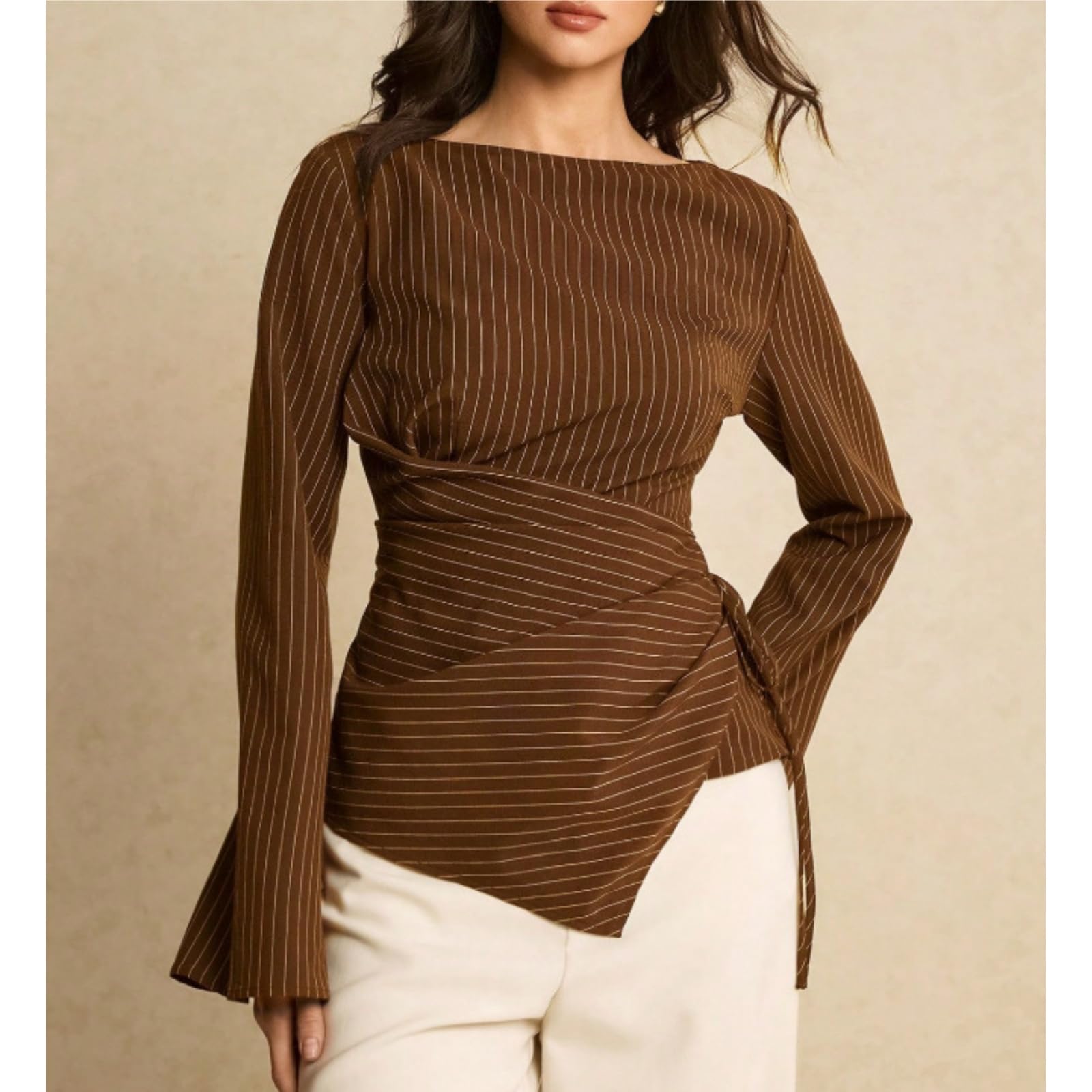 Blusas de mujer con escote barco manga trompeta y detalle anudado | Cuello barco cintura entallado dobladillo asimétrico enlace de ajuste lateral ajustable estilo casual de negocios para el día
