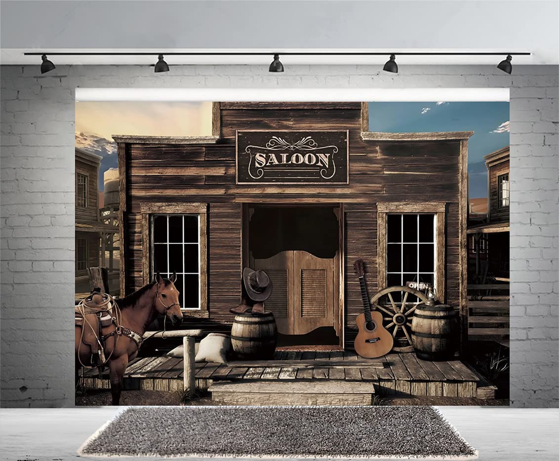 10x8ft Large West Saloon Backdrop Western Wooden House Barn Door Photography Background,Western Cowboy Scene Setters for Western Themed Decoration Photo Booth Backdrop Background