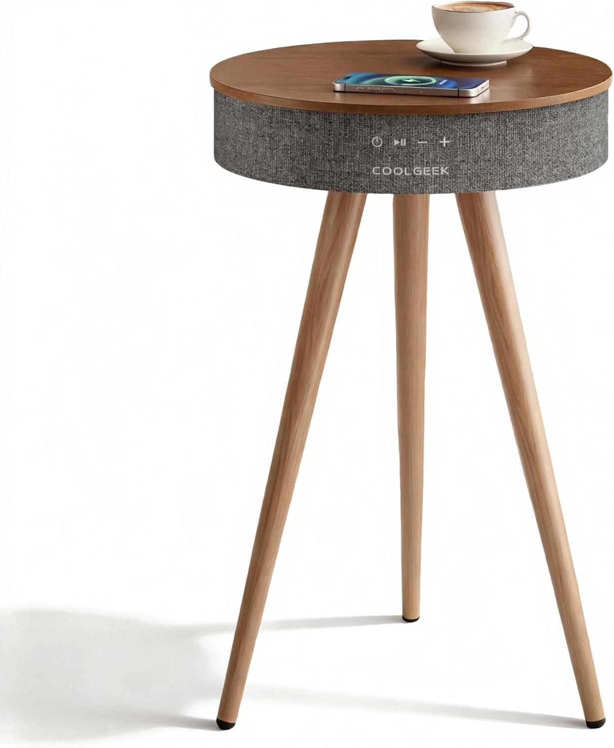 R1 Smart Side Table with Bluetooth Speaker & Wireless Charging - Mid-Century Modern Walnut End Table - 3-in-1 Tech Furniture for Bedroom & Living Room, 360° Warm Ambient Sound, 8H Battery