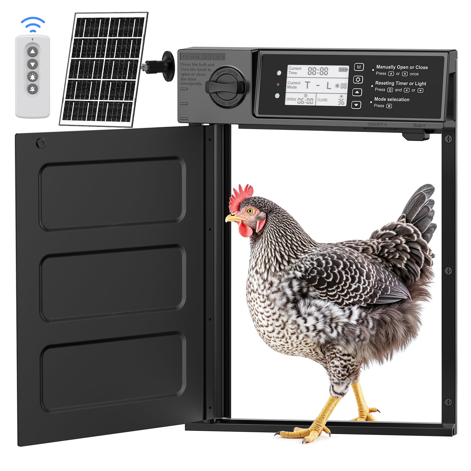 Puerta de pollo automática grande solar, aluminio, apertura lateral, tapa eléctrica con panel solar 7W, LED, sensor de luz, temporizador, mando