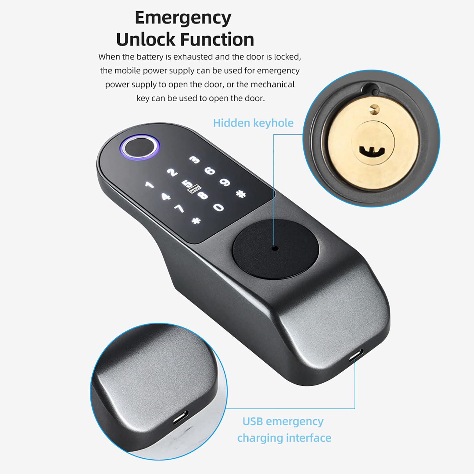 Elektroniczny zamek zasuwkowy bezkluczykowy z Bluetooth, czytnikiem linii papilarnych biometrycznych, klawiaturą cyfrową dotykową, sterowaniem aplikacją, drzwiami cyfrowymi