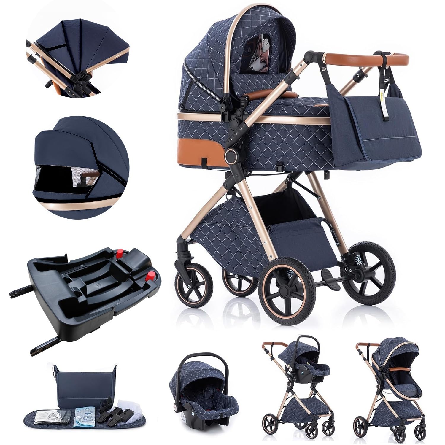 Gcarebb 3 in 1 Kinderwagen Reisesystem mit Isofix-Basis, Kinderwagen mit höhenverstellbarem Griff, Reisewagen mit Regenschutz, Baby-Kinderwagen mit Aluminiumrahmen für Neugeborene