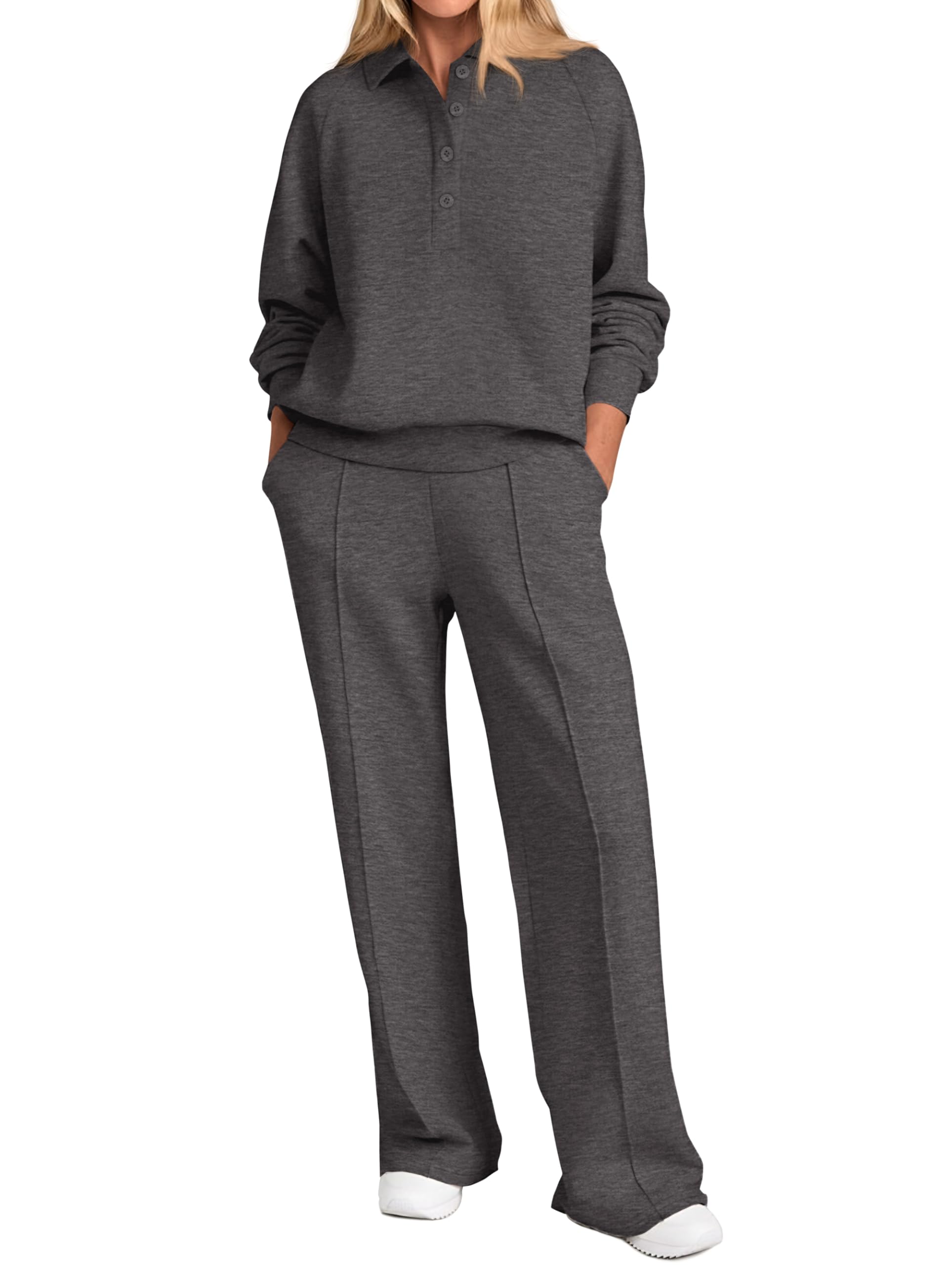 PRETTYGARDEN Women Fall 2 Piece Outfits Sweatsuits Quarter Button Long Sleeve Sweatshirt Wide Leg Pants Tracksuit Lounge Sets