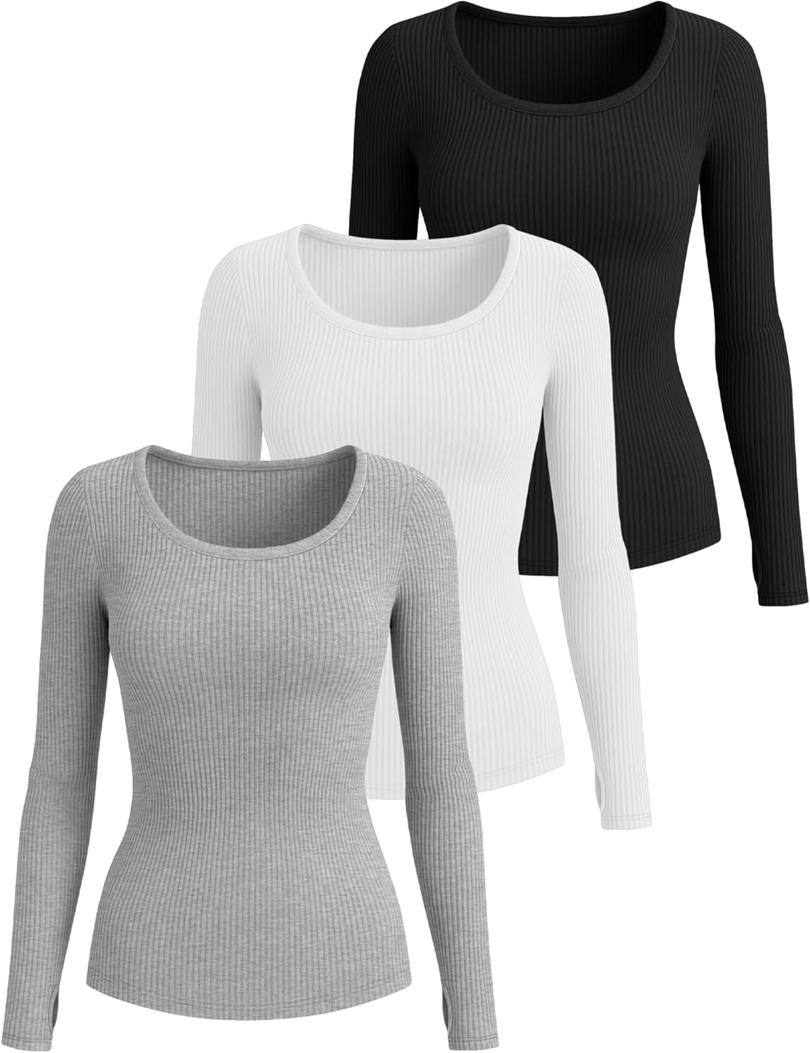 3 Pack Women's Ribbed Long Sleeve Tops Crew Neck Slim Fit Cotton Shirt Basic Casual Tee with Thumb Hole - Image 3