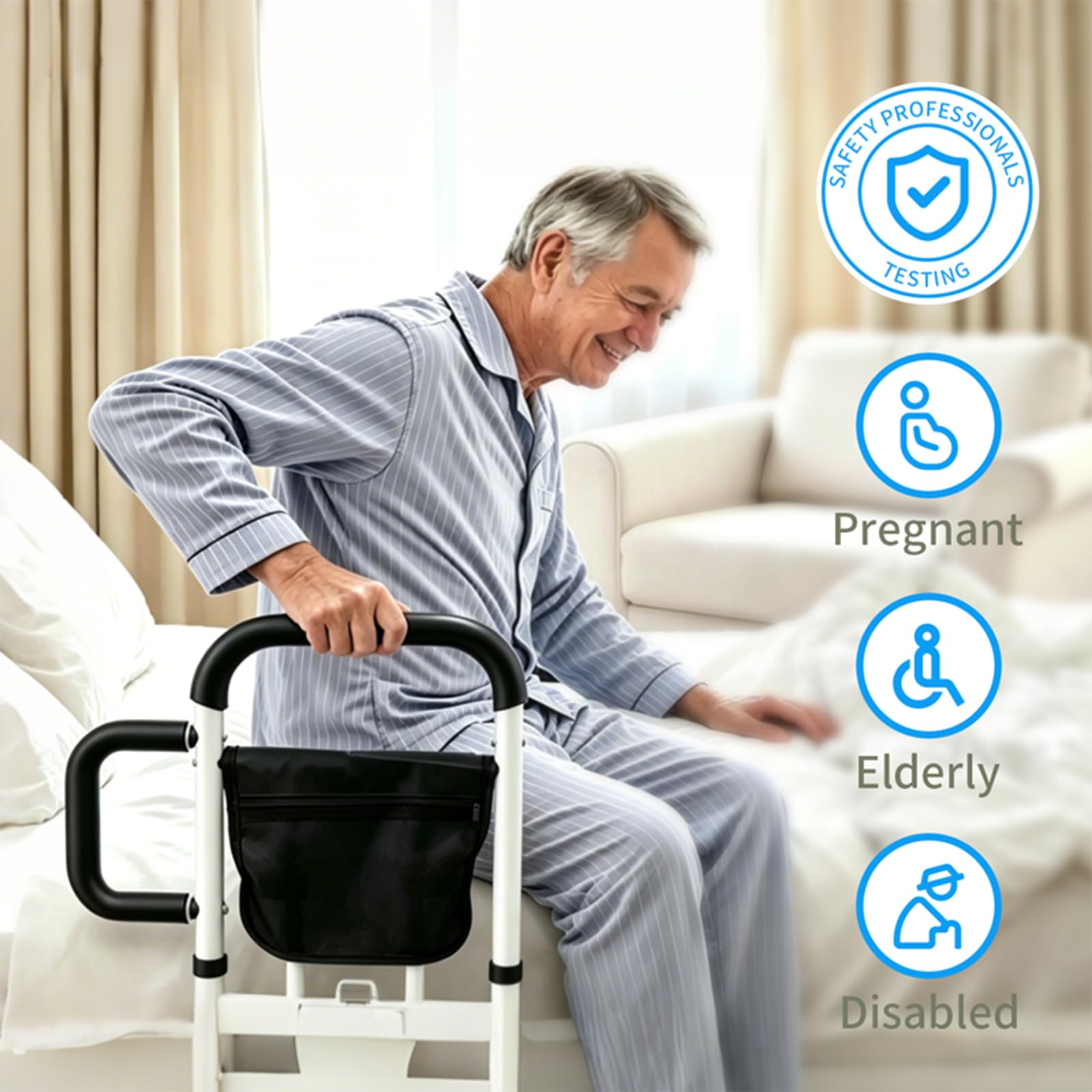 Tysonir Binari per letto per anziani e adulti, approvati ASTM 2026, guida regolabile di assistenza per letto per anziani, maniglia antiscivolo e luce attivata dal movimento e borsa portaoggetti