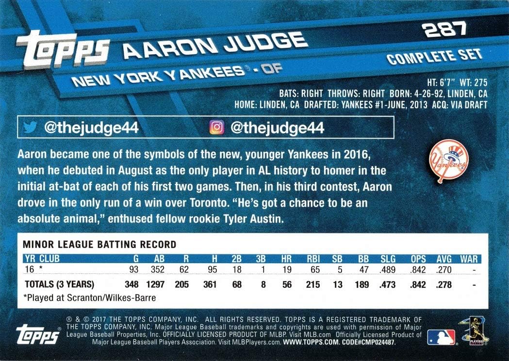 2017 Topps Factory Variation Baseball #287 Aaron Judge Rookie Card