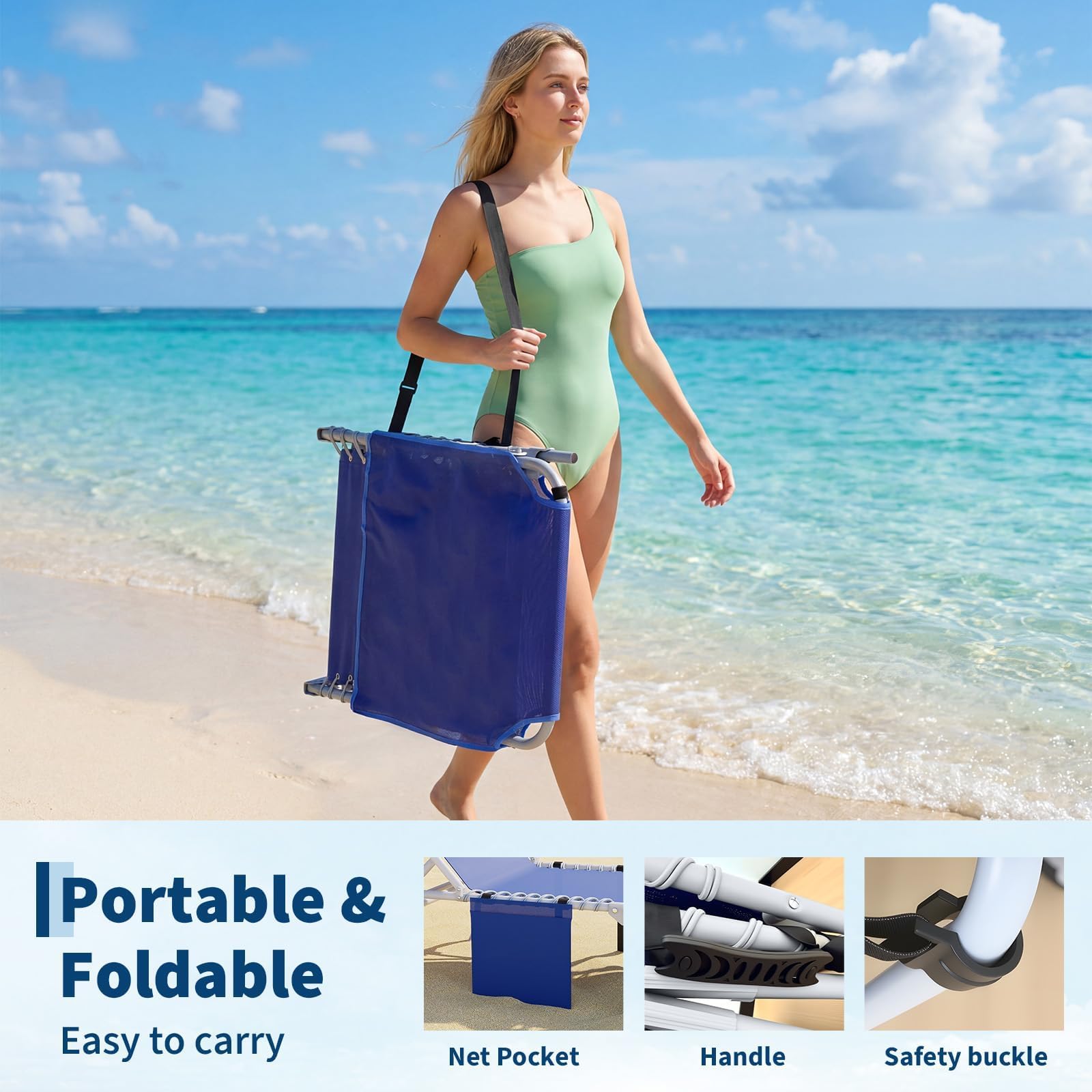 Transat de Plage Pliable avec Trou, Chaise Longue Pliable avec Table Pliante, Bain de Soleil Plage avec Appuie-Tête&Poche pour Jardin, Piscine
