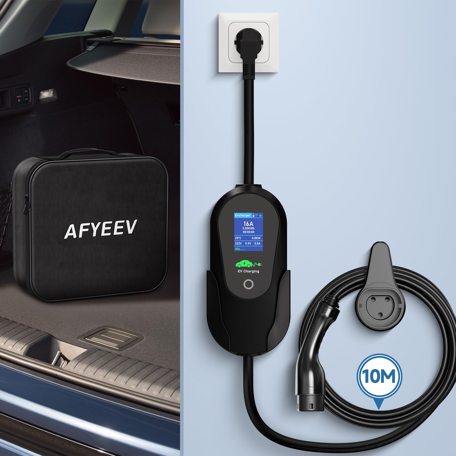 Ladekabel Typ 2 Schuko 10M [3.68kW 6-16A 1-Phasig]，Typ 2 Ladekabel Schuko mit App, Ladekabel Elektroauto Typ 2 Schuko Einstellbare Strom & Verzögertes Laden