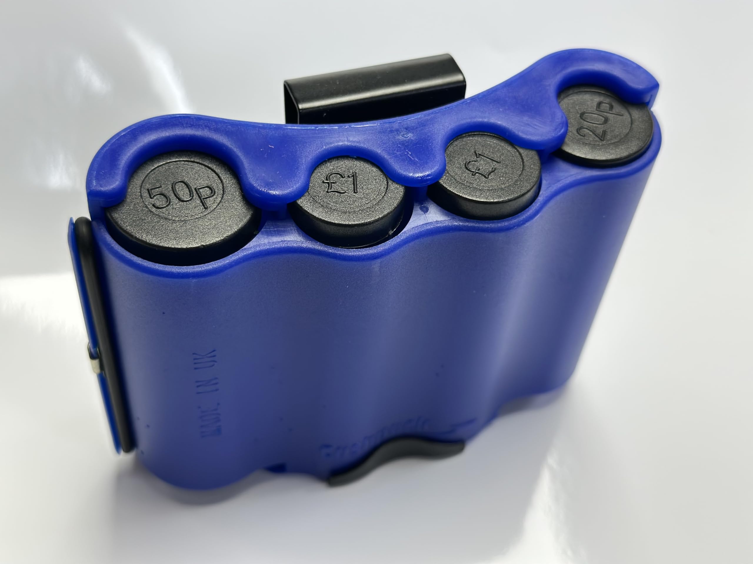 Coin Holder, Cash Organizer, Dispenser, Belt Clip, Blue, 12cm x 9cm x 4.5cm, 6 Compartments for £1, £2, 50p, 20p, 10p Coins