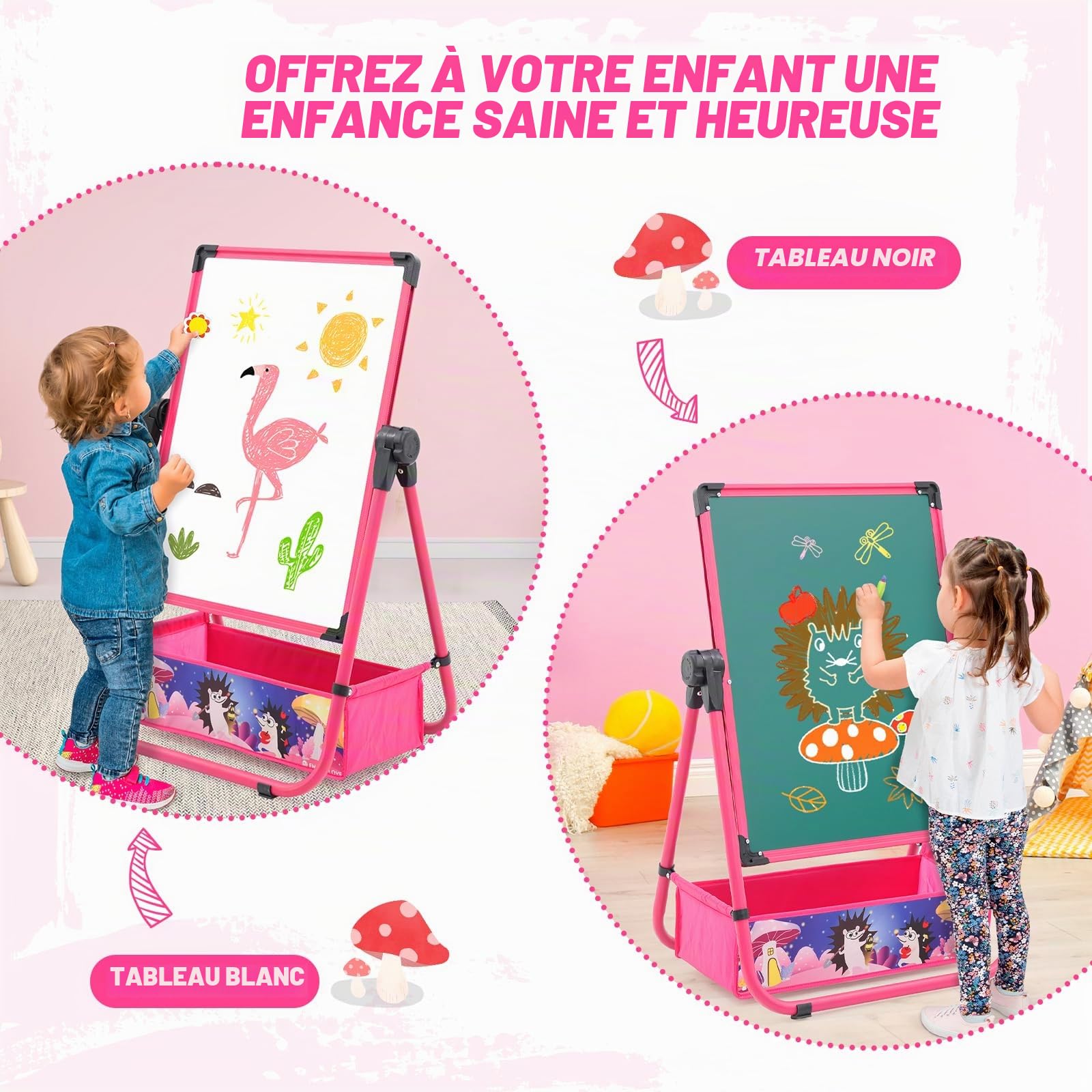 Chevalet pour Enfants, Enfant Chevalet avec magnétique/tableau blanc, Rotation à 360° pour les enfants à partir (rose)