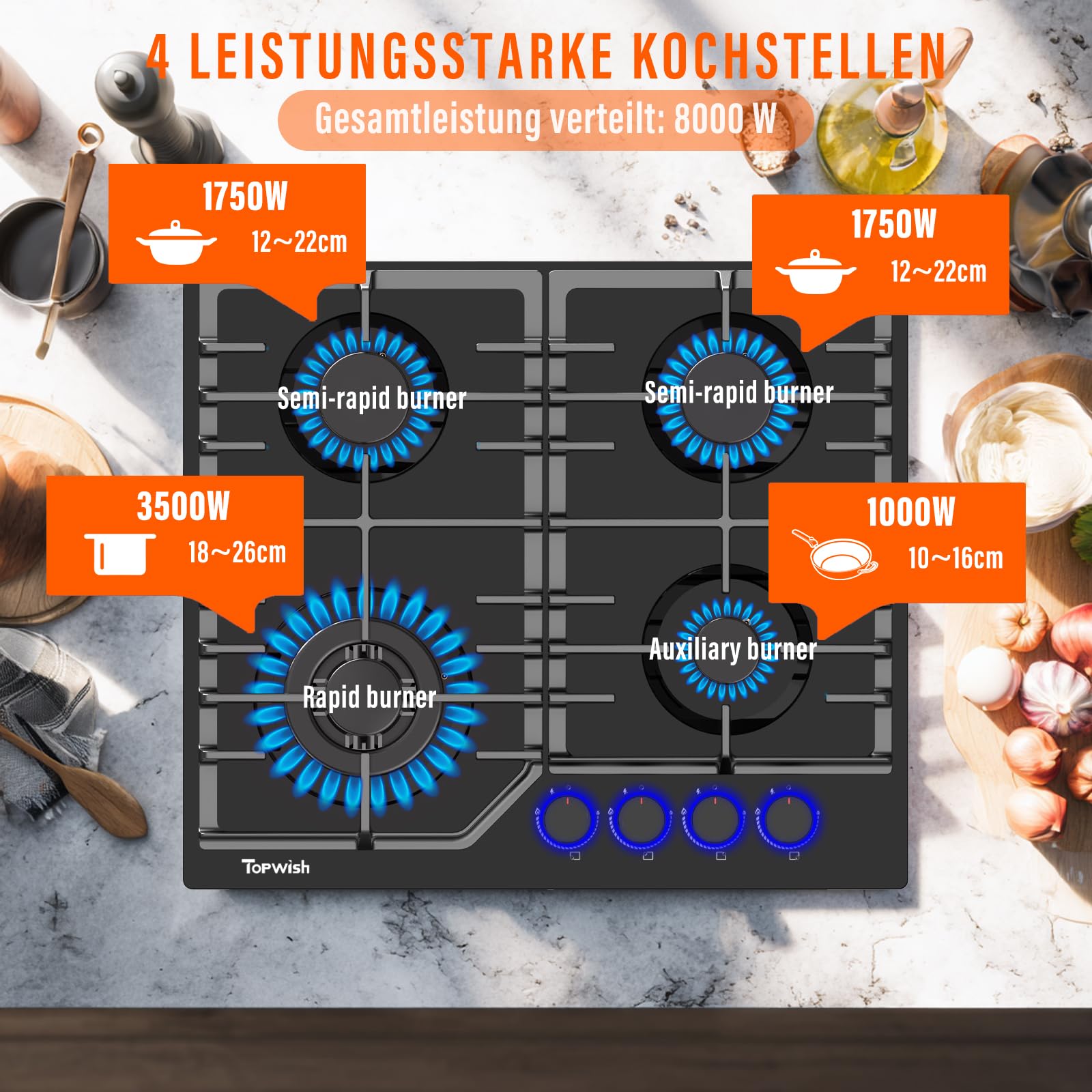 Topwish Gaskochfeld 4 flammig, Gaskochfeld mit blaue beleuchteter drehknopf | Gaskochfeld einbau 60cm, Gasfeld 4 flammig, NG/LPG konvertierbar, flammabriss Schutz, Zündautomatik, 8000 Watt