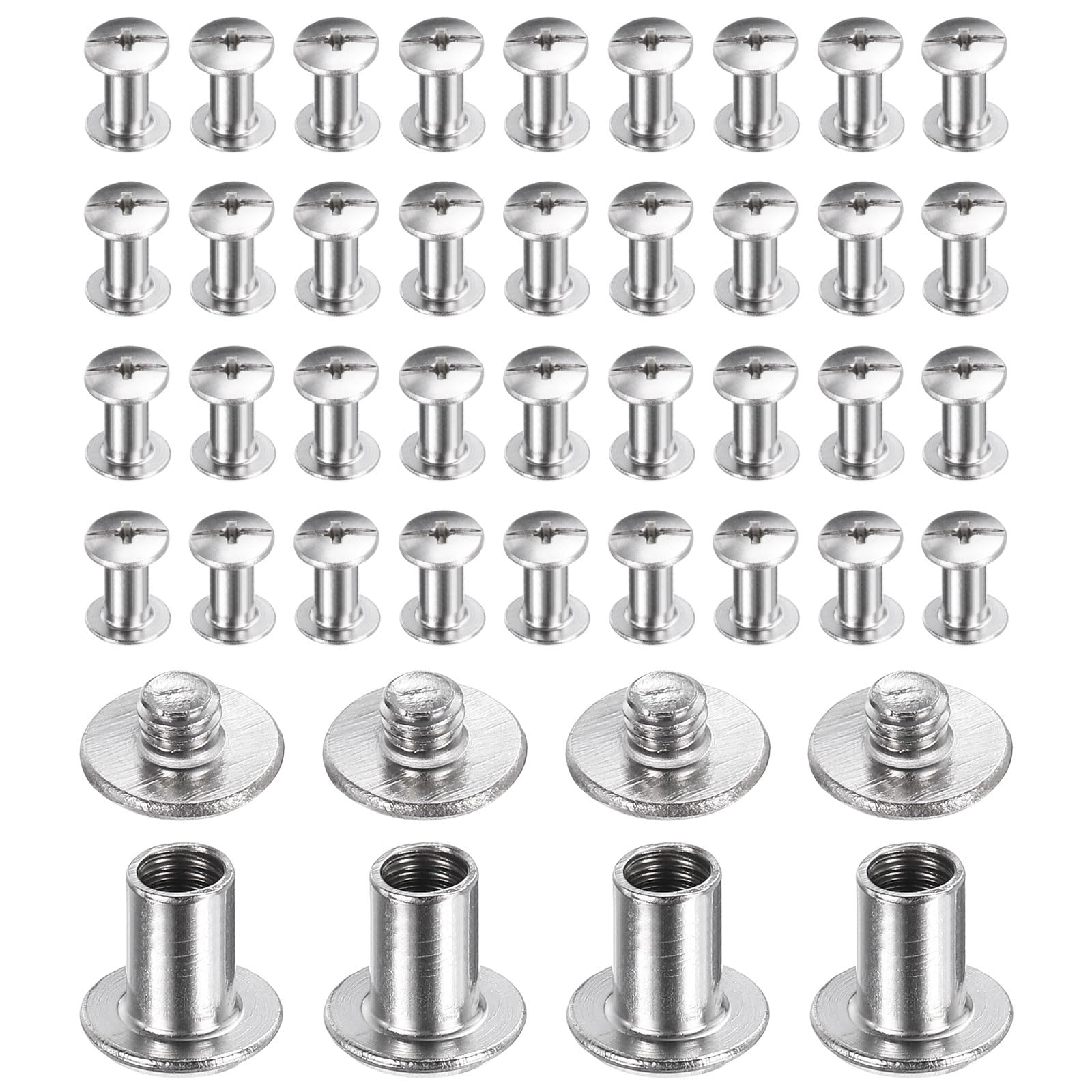 sourcing map 40set Chicago Screw M4x8mm 3mm Length Metal Phillips Nail Rivet Stud Bolts Rivets Binding Post Screw for DIY Leather Belt Bag Craft Bookbinding, Silver