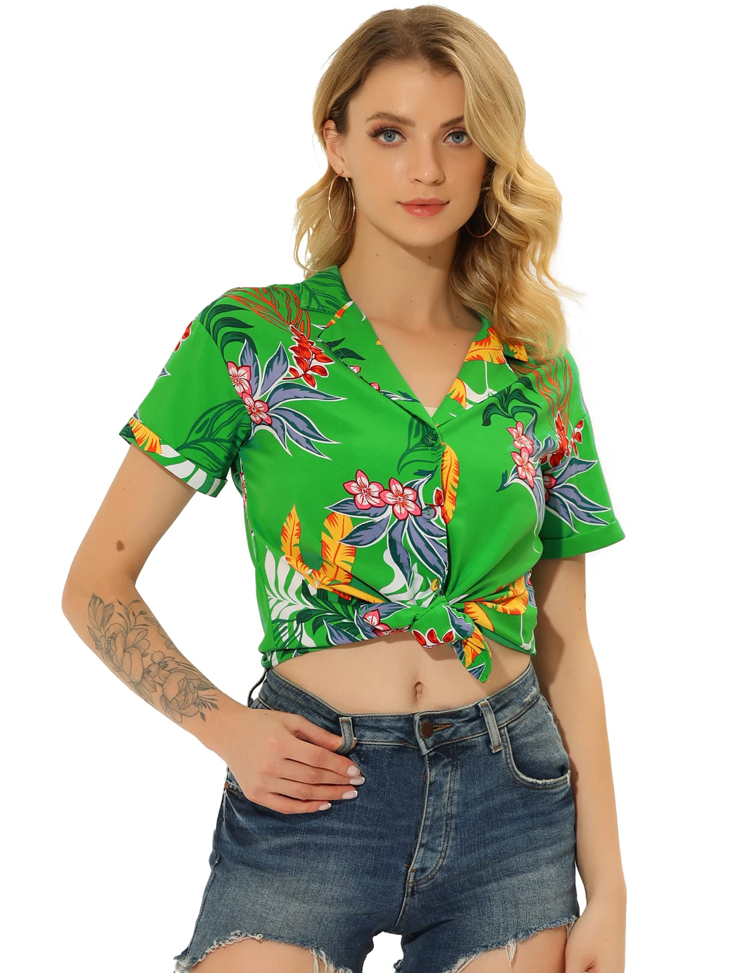 Allegra K Hawaiian Shirt for Women's Tropical Floral Leaves Short Sleeve Button Down Beach Blouse