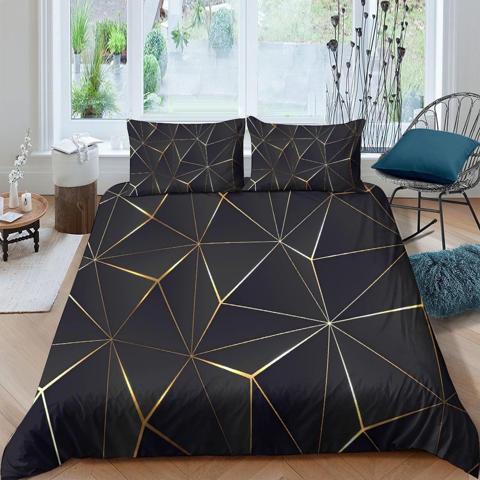 GPLZQXKJNH 3D Printed Geometric Line Duvet Cover Set Microfiber Black Gold Modern Quilt Cover with 2 Pillowcases for Bedroom Decor Single（135x200cm）