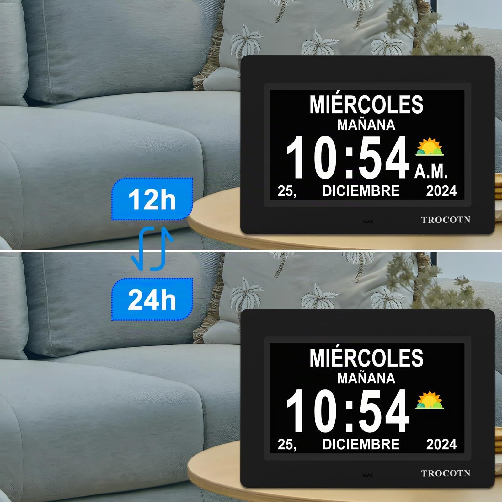 TROCOTN Reloj de demencia senioren, calendario digital, reloj senior, reloj con fecha y día de la semana (7 pulgadas negro)