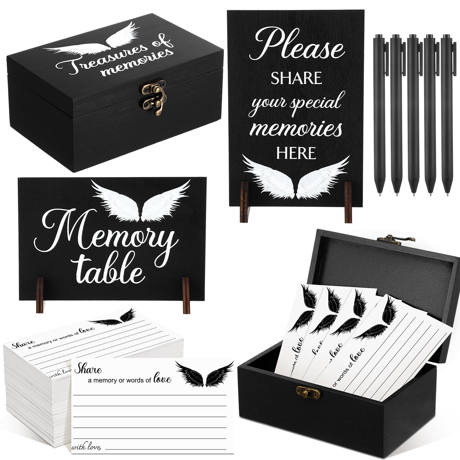 Gilprop 112 Pcs Celebration of Life Memory Cards Set Share a Memory Cards with Box 2 Wood Sign with 4 Hold and 5 Pens, Sympathy Memorial Gifts Funeral Keepsake Decorations(Angel) — image 1