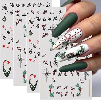 Christmas Nail Stickers Decals - 4 Sheets with Christmas Evergreen Tree Designs, French Tip Style, Holiday Nail Art for Women Girls