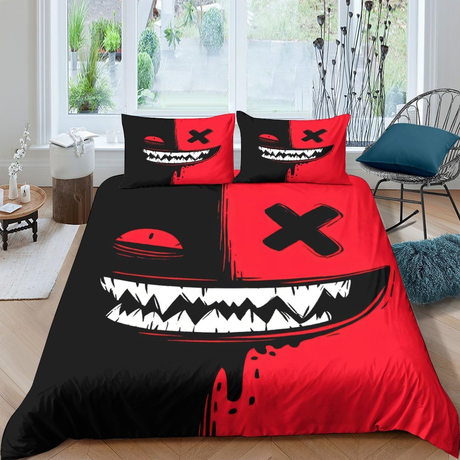 XFKLYNVCJ 3D Printed Horror smiley face Quilt Cover Brushed Microfiber Gothic cartoon style Bed Cover Machine Washable Hypoallergenic for Teen Bedroom Young Adults Rental Flat Use Single（135x200cm）