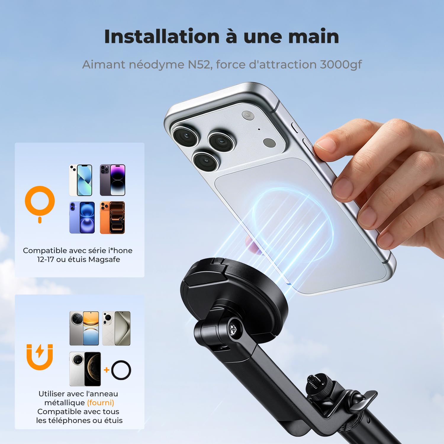 K&F CONCEPT 180cm 3 en 1 Trépied Téléphone Selfie Stick iPhone Noir